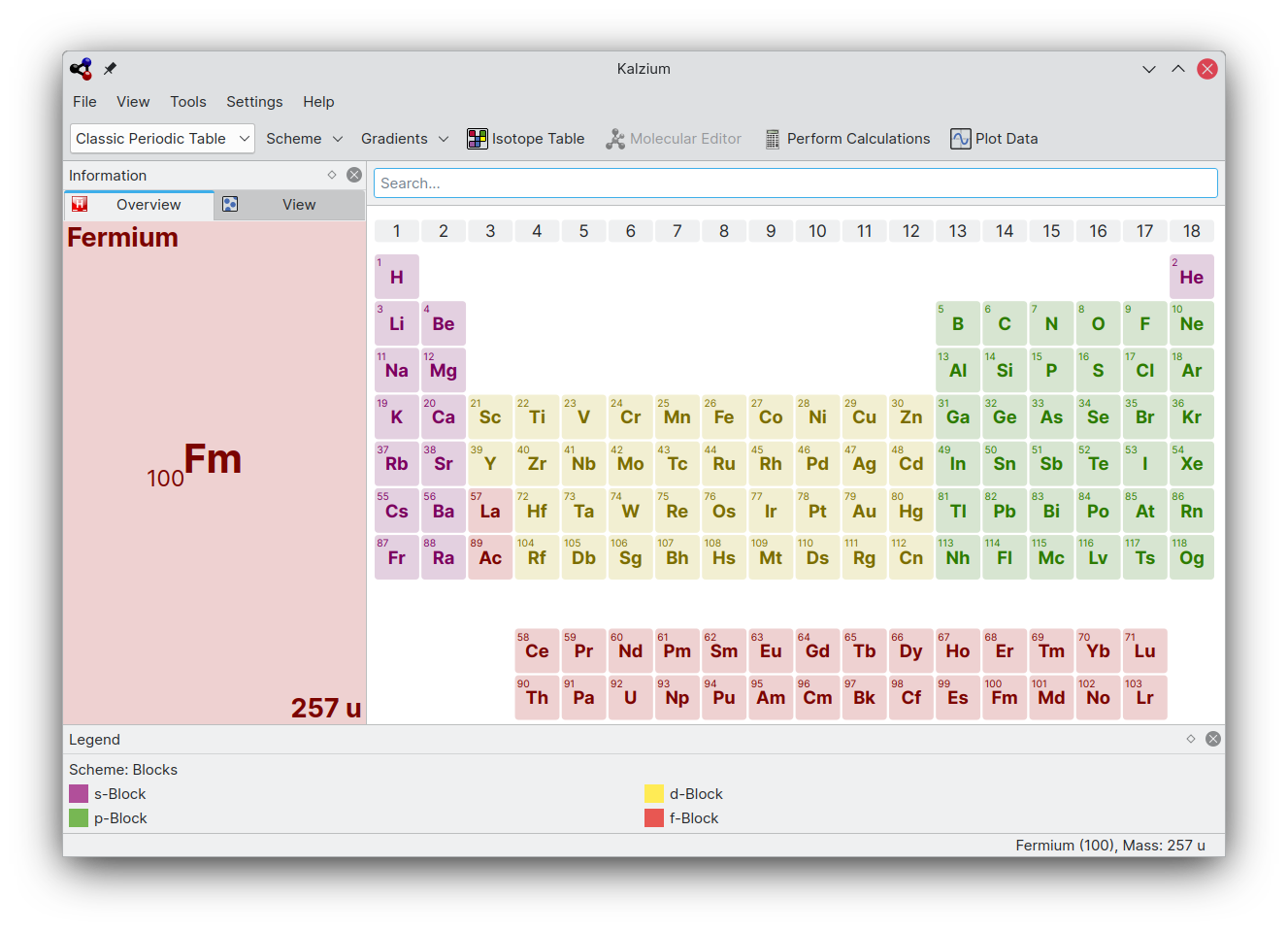 Periodic table of elements view in Kalzium