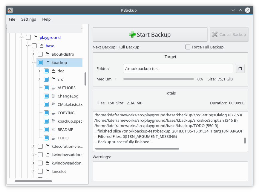 Schermata di KBackup