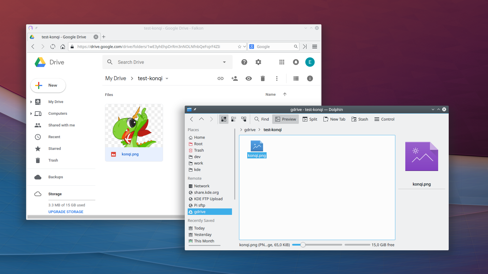 Jobbra lent a KIO GDrive-ot megjelenítő Dolphin, balra fent a Google Drive-ot böngésző Falkon.